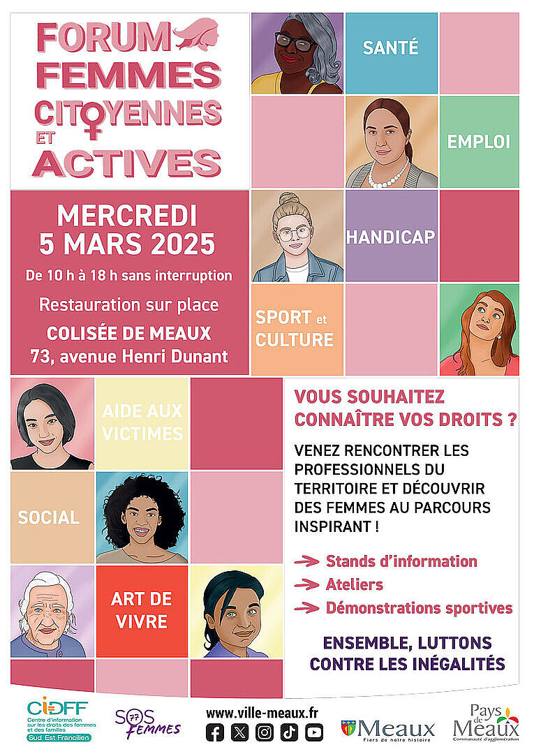 Affiche du Forum femmes citoyennes et actives : Santé, emploi, handicap, sport et culture, aide aux victimes, social, art de vivre